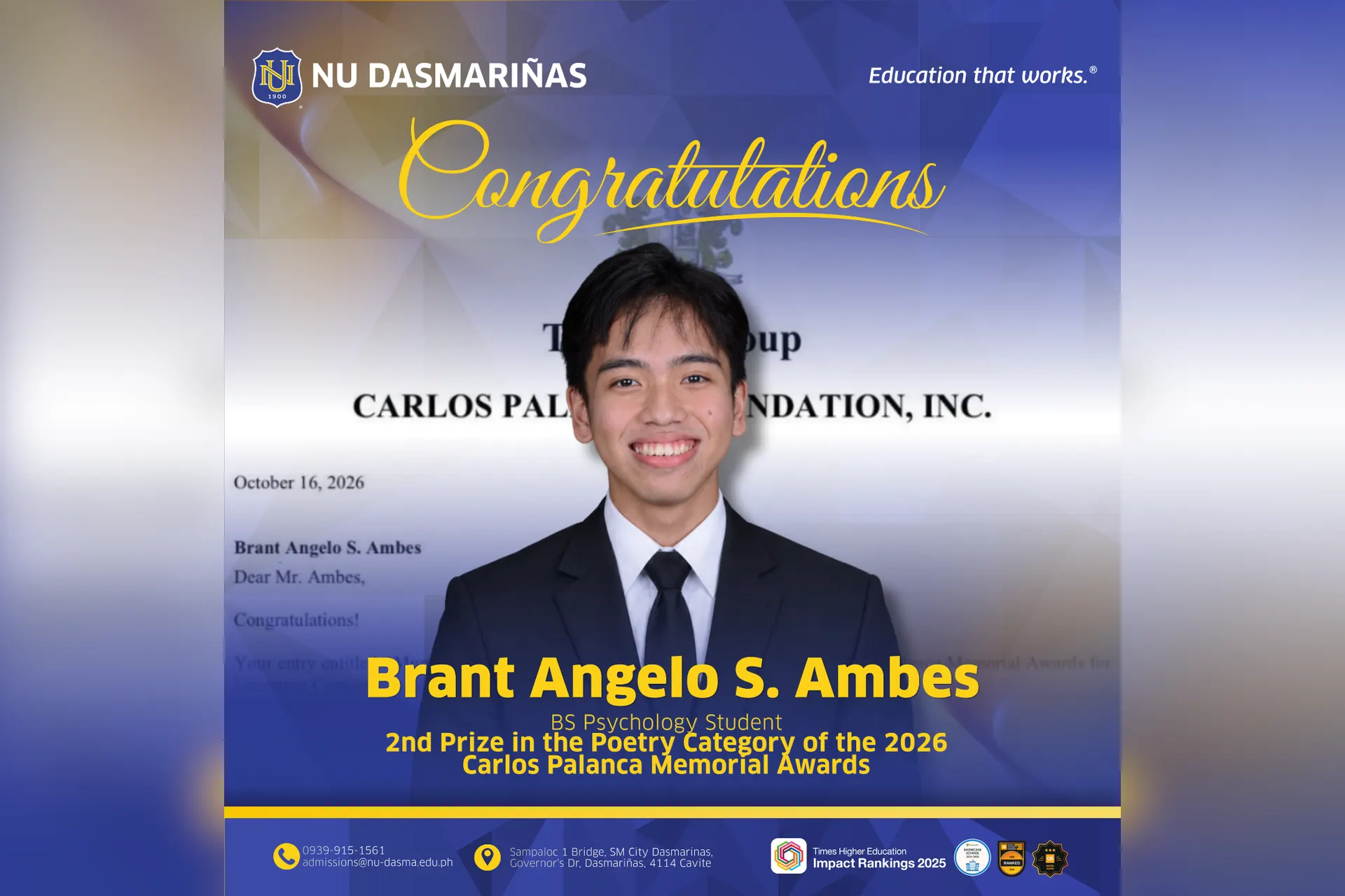 2nd Prizein the Poetry Category of the 2026 Carlos Palanca Memorial Awards